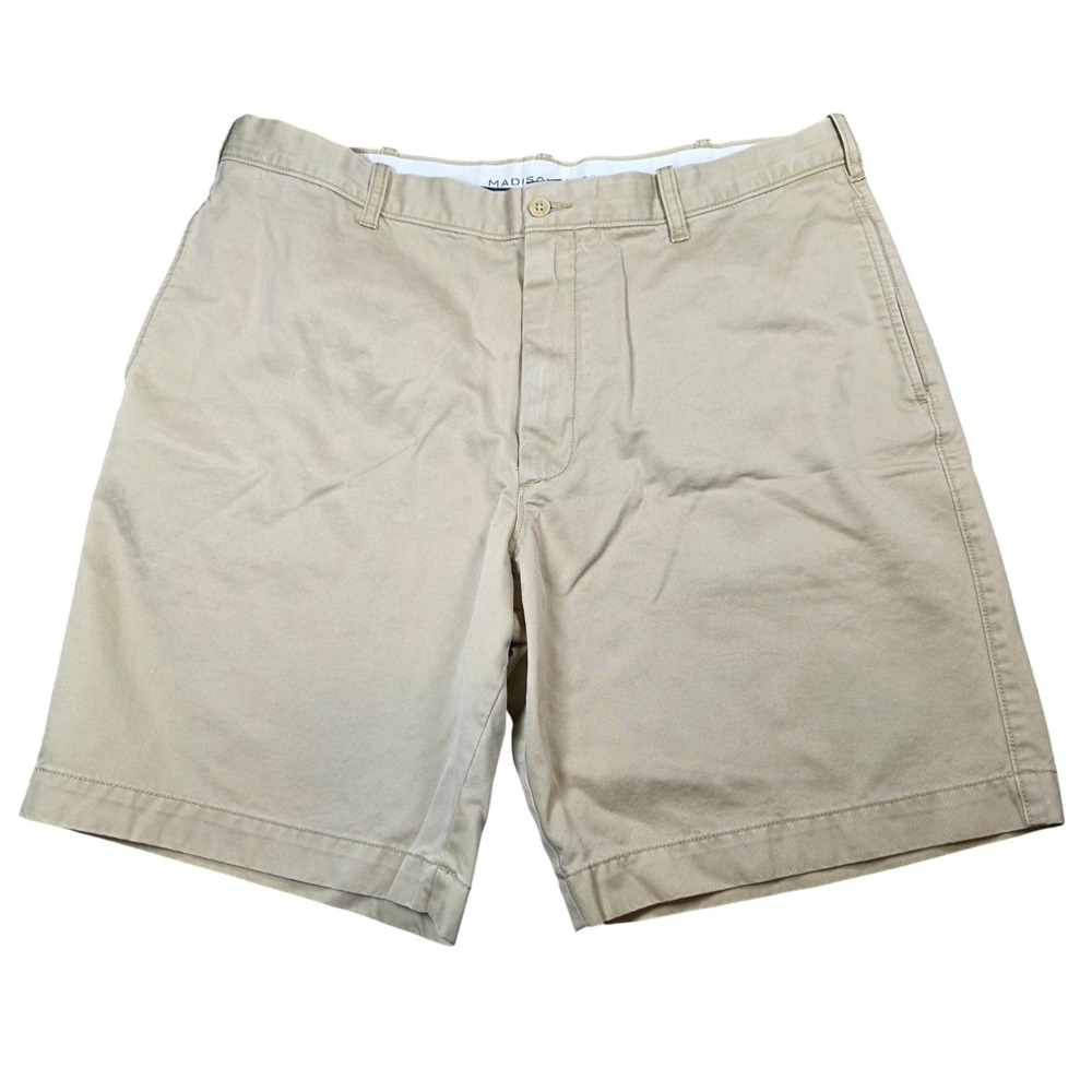 Madison Mens Khaki Chino Shorts Tan Cotton Flat Front Casual Size 38W